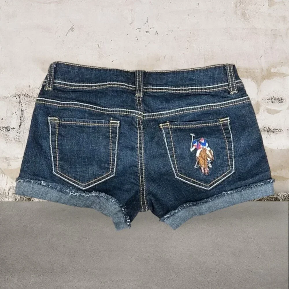 US Polo Assn Low Rise Distressed Fringed Daisy Dukes Big Pony Jean Shorts 3/4
